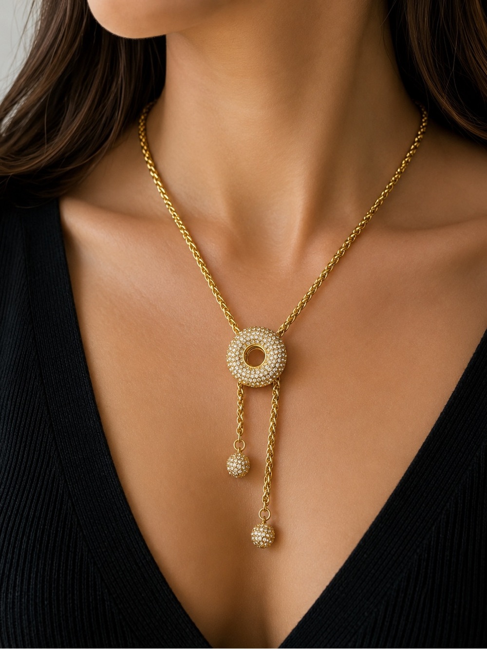 Posh Gold Pavé Donut Lariat Tie Necklace with Dangling Balls